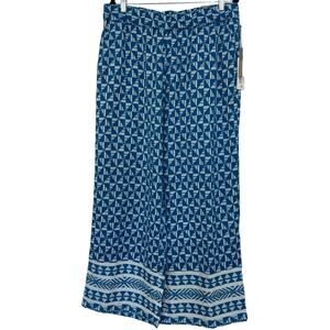 Soft Surroundings Narah Pants in Blue White Geometric Palazzo Cotton LARGE NWT